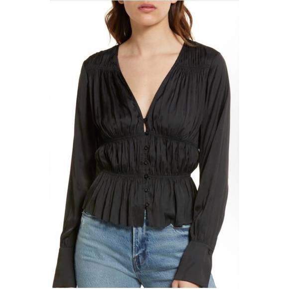 NEW FRAME shirred v-neck blouse in black